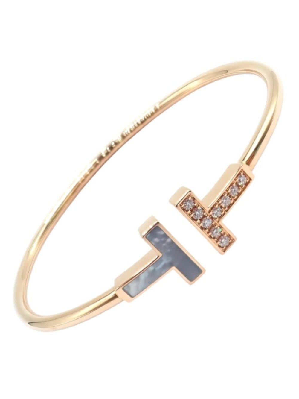 Authentic! Tiffany & Co 18k Yellow Gold Diamond T Wire Mother of Pearl Bracelet